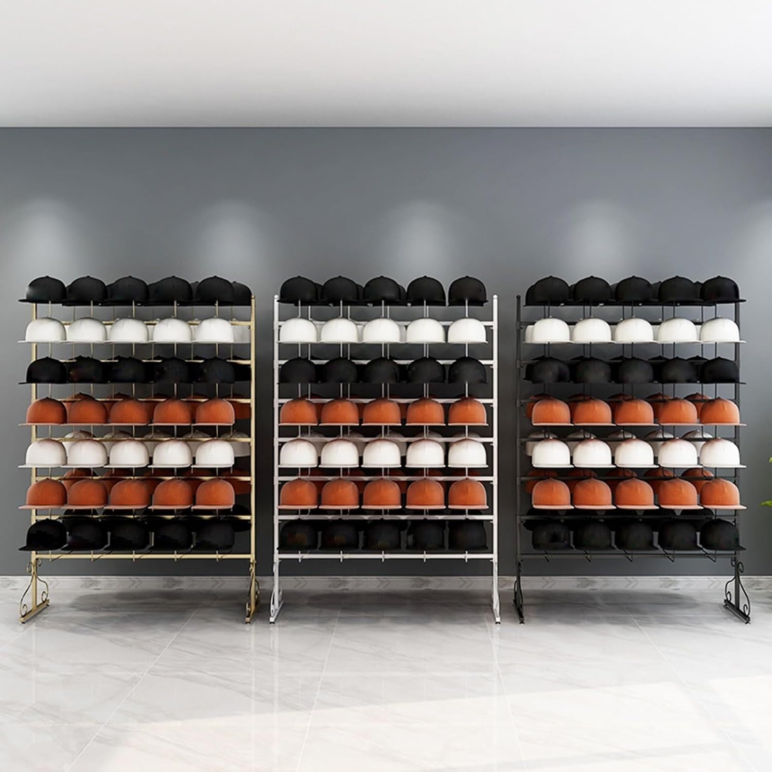 Metal Floor Standing Hat Display Rack with Adjustable Height, Large Capacity Baseball Cap & Wig Organizer 4 Smooth Swivel Casters(White)