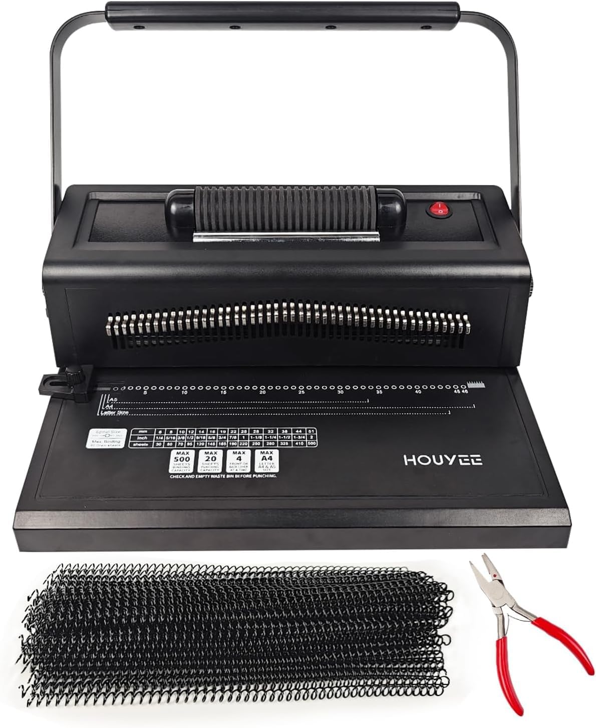HOUYEE Spiral Coil Binding Machine with 100 Pack 3/8'(10mm) Binding Coils & Plier,and 100 Pack Plastic Spiral Binding Coils,6mm (1/4'),30 Sheets Capacity,4:1 Pitch, 48 Loops, for Letter Size (Black)