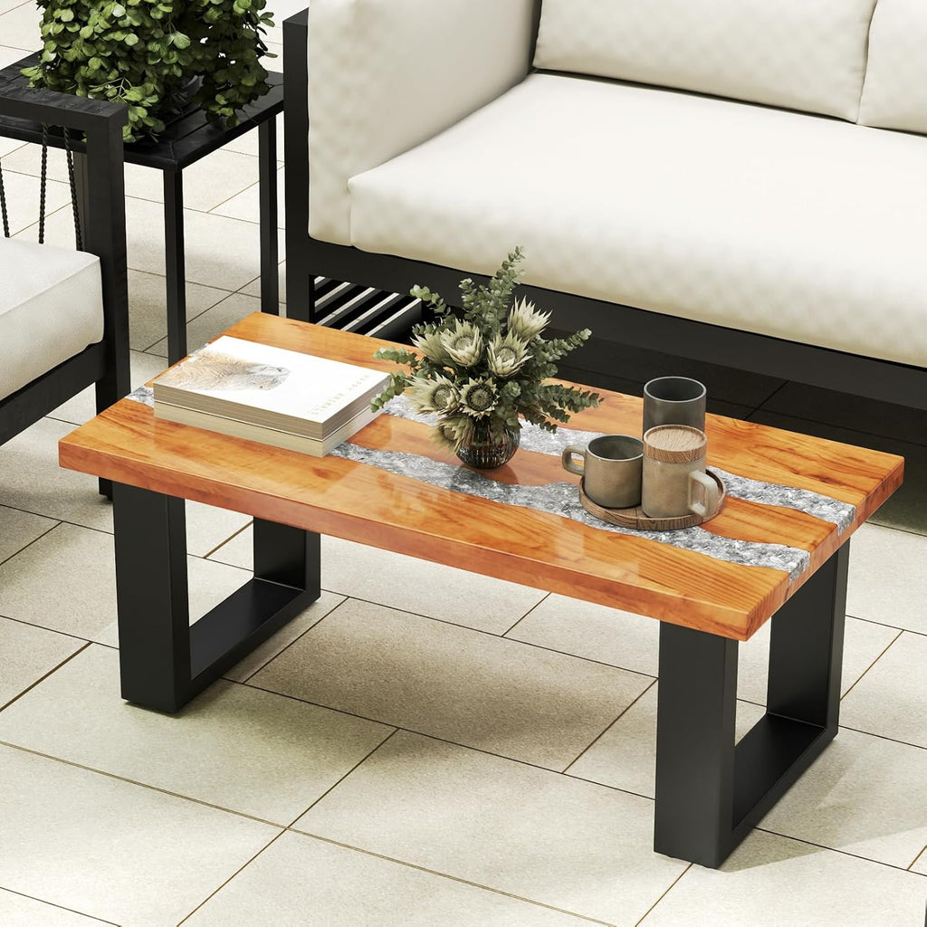 Giantex Teak Outdoor Coffee Table, Rectangular Resin Side Table with River Feel Epoxy Tabletop, Indoor Outdoor Solid Wood Center Table, Patio Table for Living Room, Poolside, Backyard