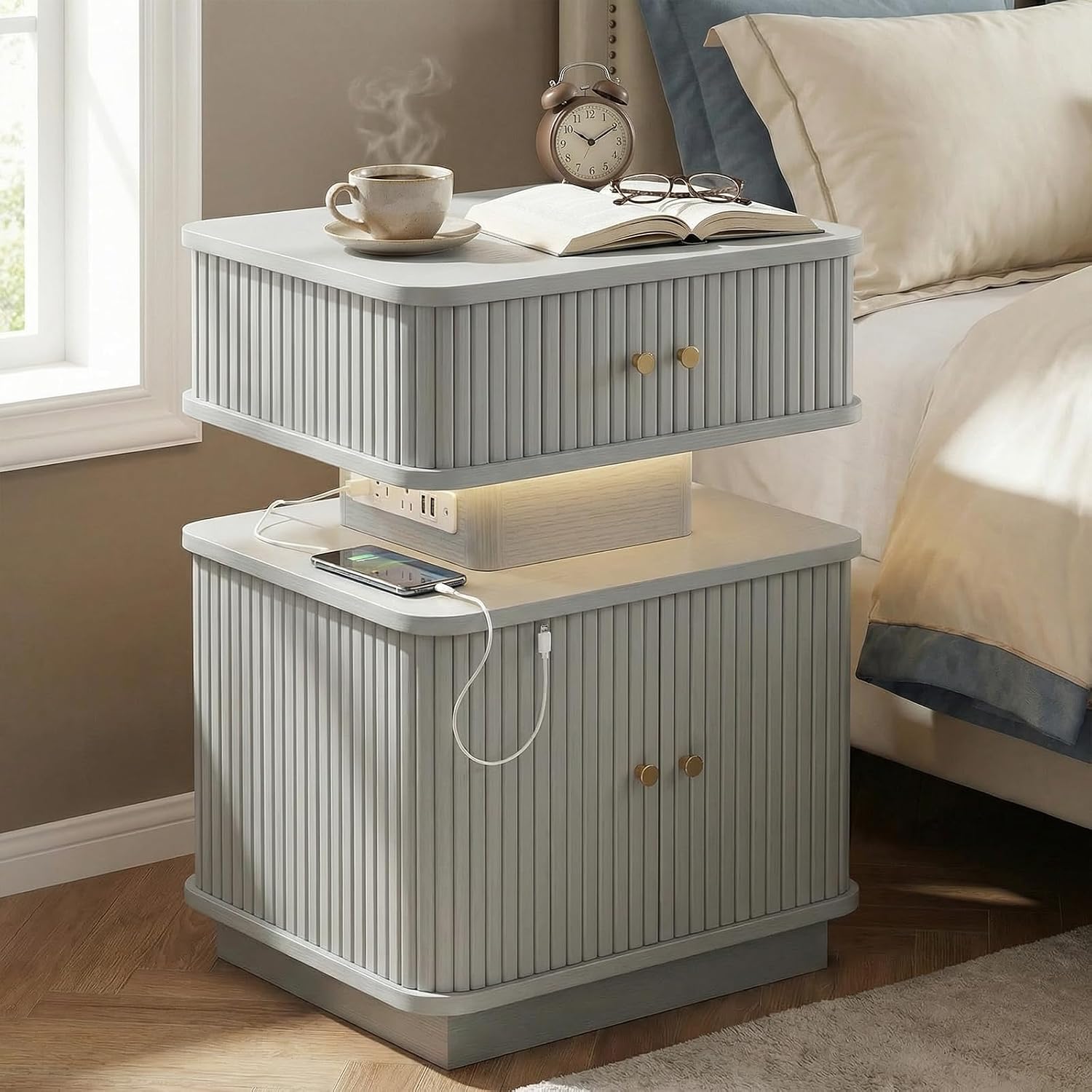Set of 2 LED Light End Table with Charging Station, Grey Mid Century Bedside Table with USB Type A C Ports, Small Fluted Accent TV Control Nightstand with Sliding Door for Living Room, Curvy Edge