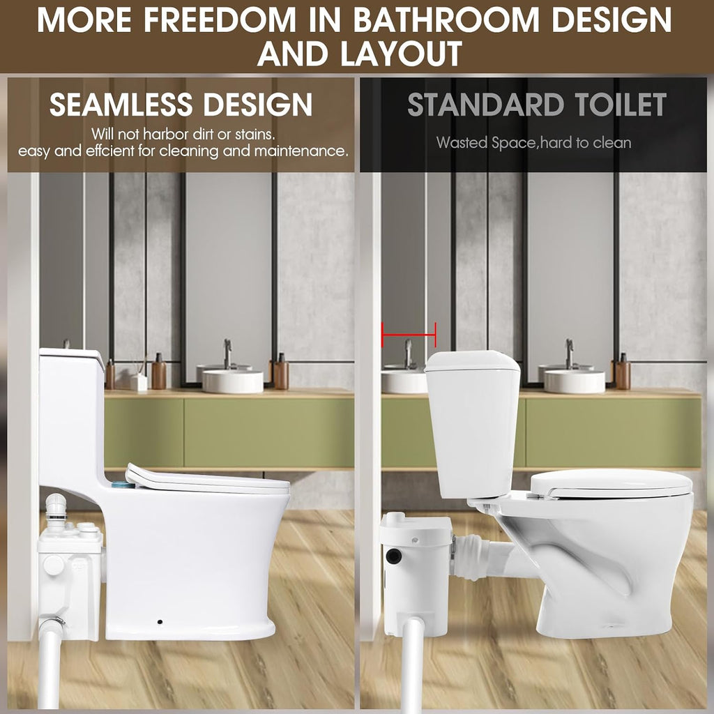 800Watt High Power Macerating Toilet with Pump for Basement, 36ft Vertical Upflush, 4 Inlets for Basin/Laundry/Shower, Dual-Flush Elongated Chair Height Toilet, Nano-glaze Finished