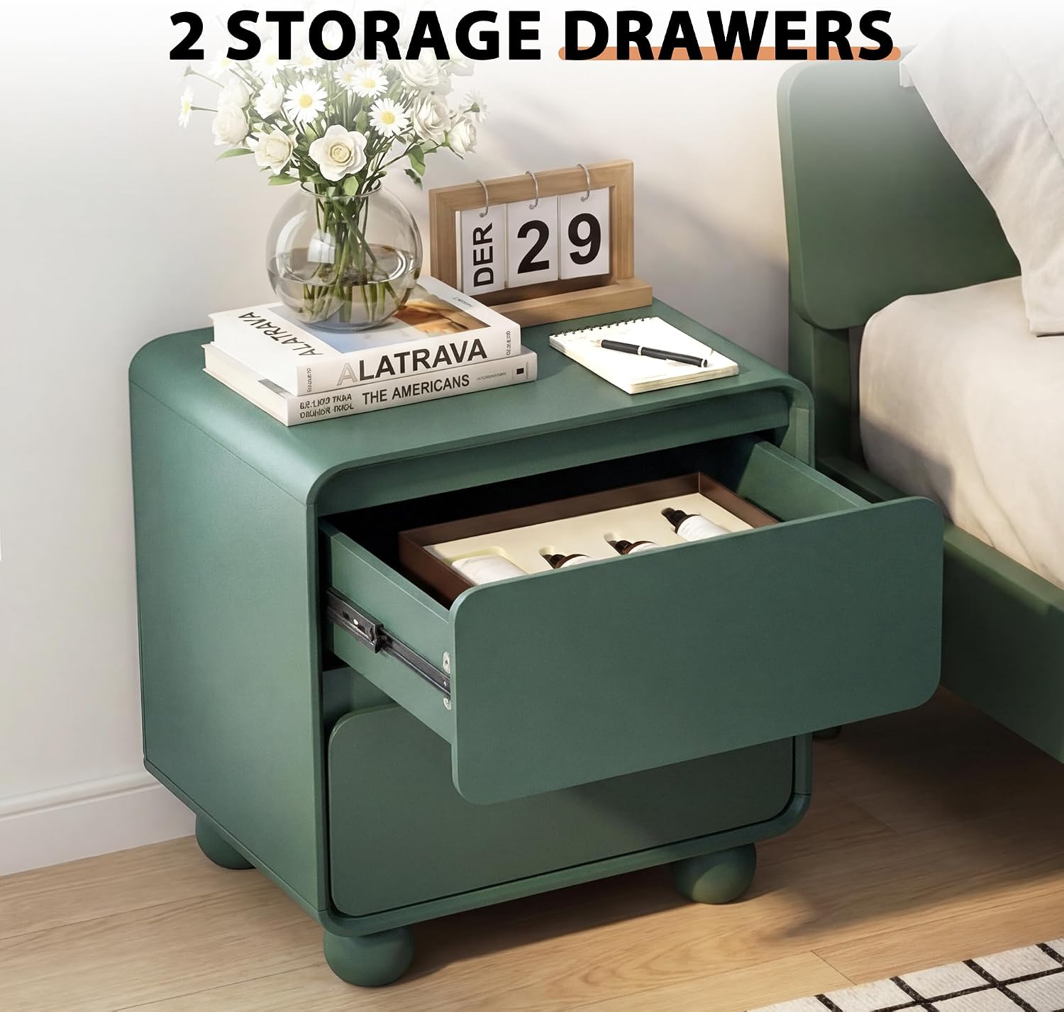 Small Night Stand Set of 2, Mid Century Modern Nightstands with 2 Drawers and Solid Wood Legs, 2 Drawer Dresser Curved Profile Design End Table Side Table for Small Space, Dorm, Bedroom(Green)
