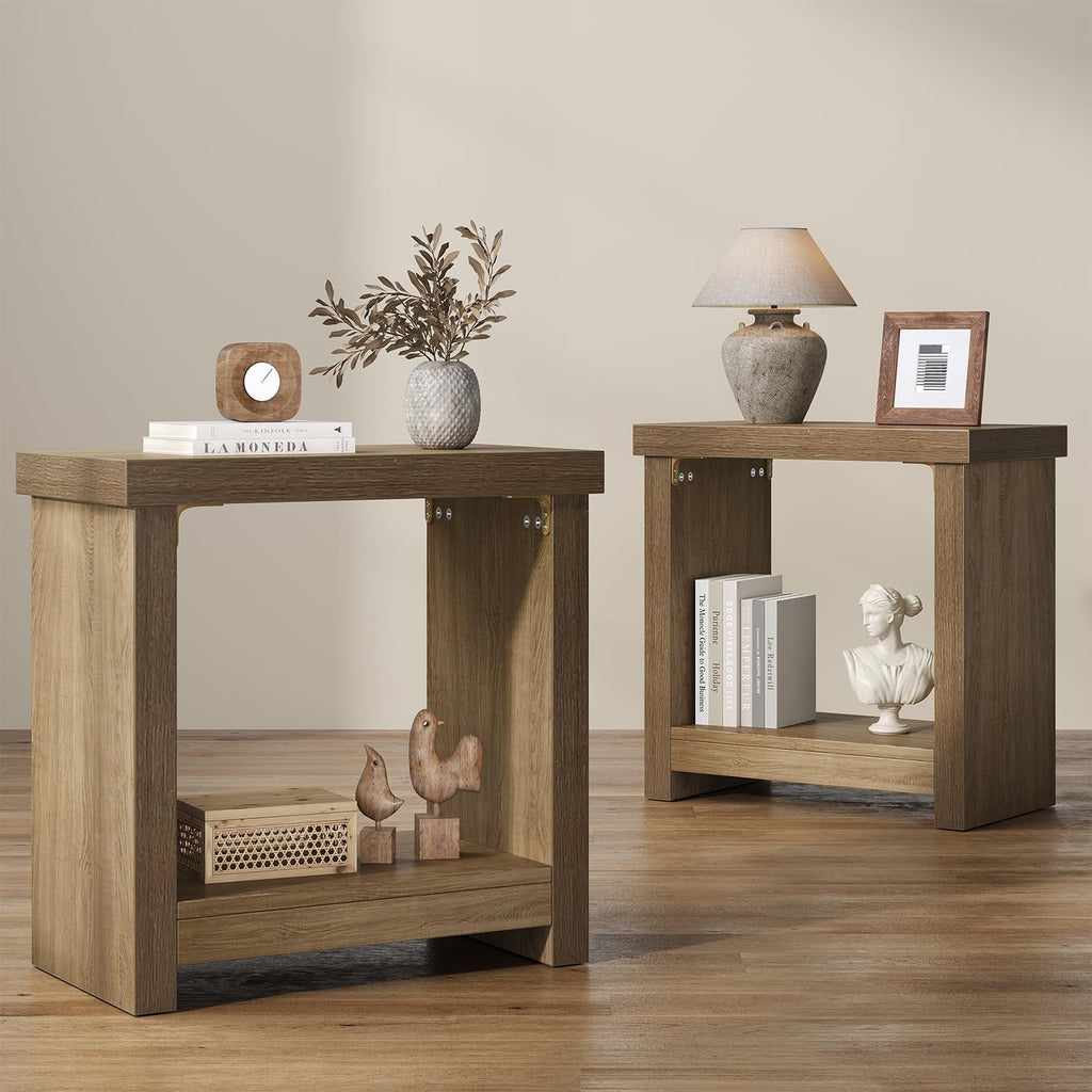 End Tables Set of 2 for Living Room, Narrow Side Tables with Storage Shelves, Square End Table for Bedroom, Slim Nightstand, Skinny Rectangle Accent Table, Farmhouse Bedside Table, Brown (2 Pieces)