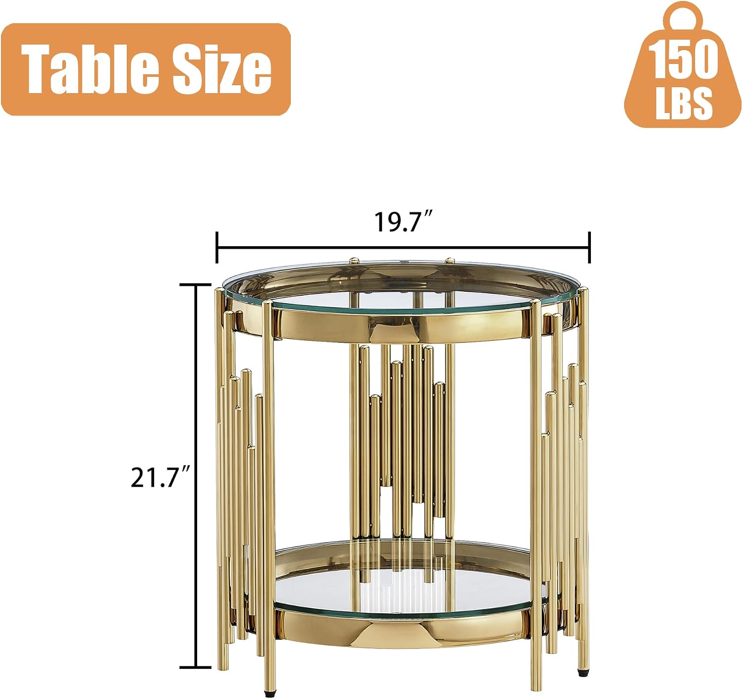 20' Round Glass End Table, 2-Tier Gold Side Table with Stainless Steel Legs and Clear Tempered Glass, Modern Luxury End Table for Living Room Home Office