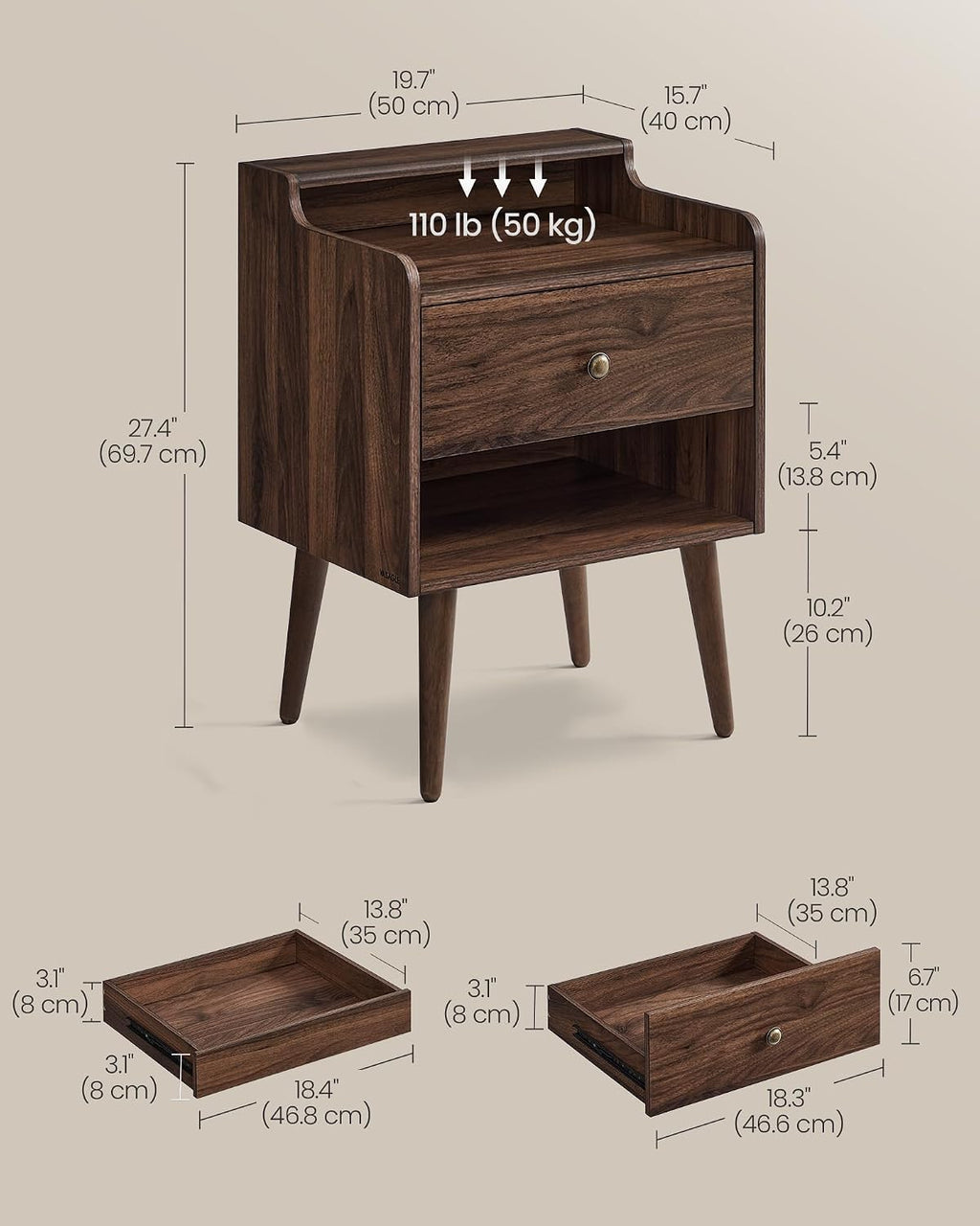 VASAGLE Nightstands, Set of 2, Bedside Tables with Hidden Drawers, Mid-Century End Side Tables with Solid Wood Legs, for Bedroom, Natural Walnut ULET624K01