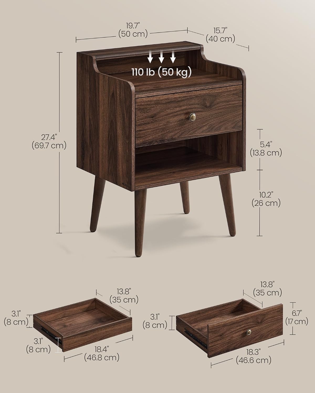 VASAGLE Nightstands, Set of 2, Bedside Tables with Hidden Drawers, Mid-Century End Side Tables with Solid Wood Legs, for Bedroom, Natural Walnut ULET624K01