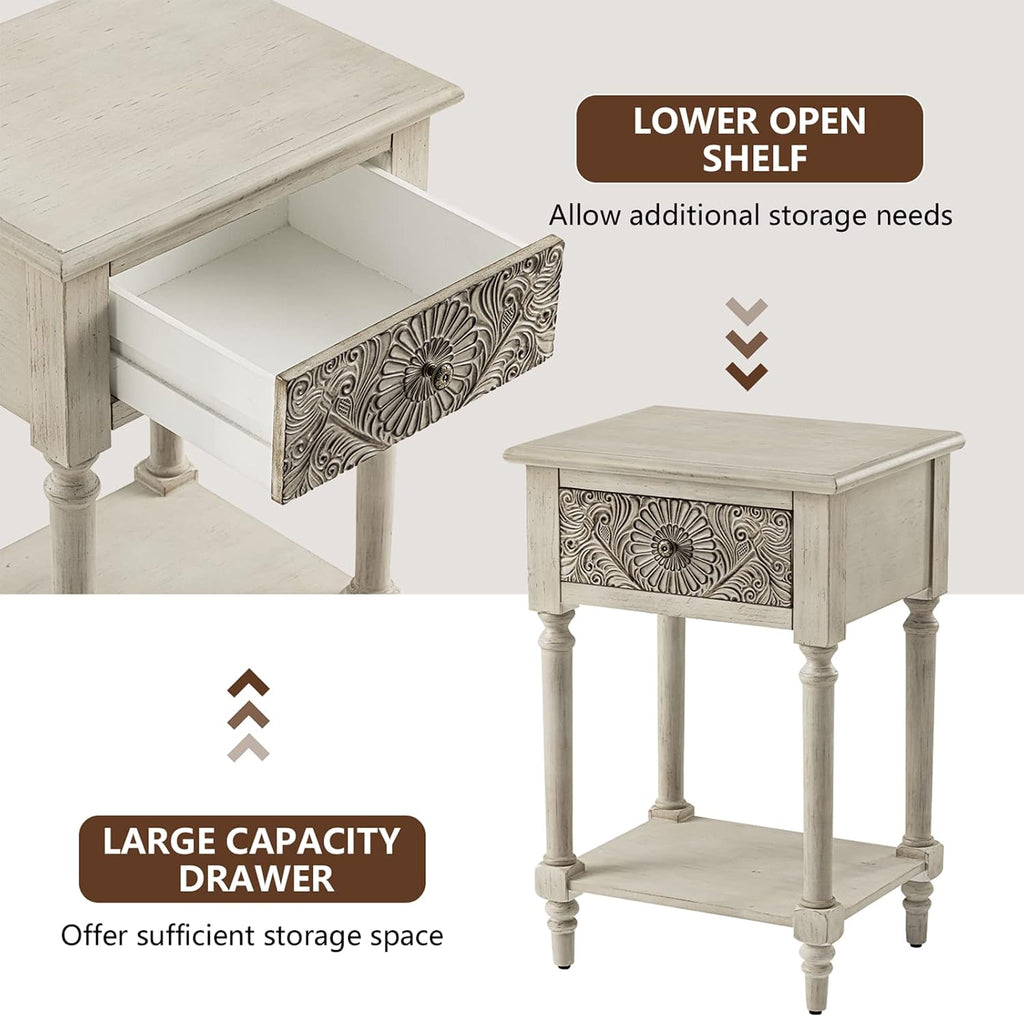 COSIEST 2 Pieces Vintage Nightstand, MDF 2-Tier Bedside Table, Wood Accent End Table with Storage Drawer and Open Display Shelf for Bedroom Living Room