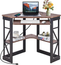 VECELO Corner Desk, Triangle Computer Desk for Small Space with Charging Station and Keyboard Tray, Corner Makeup Table with Storage Shelves for Home Office Bedroom, 41x30, Rustic Brown