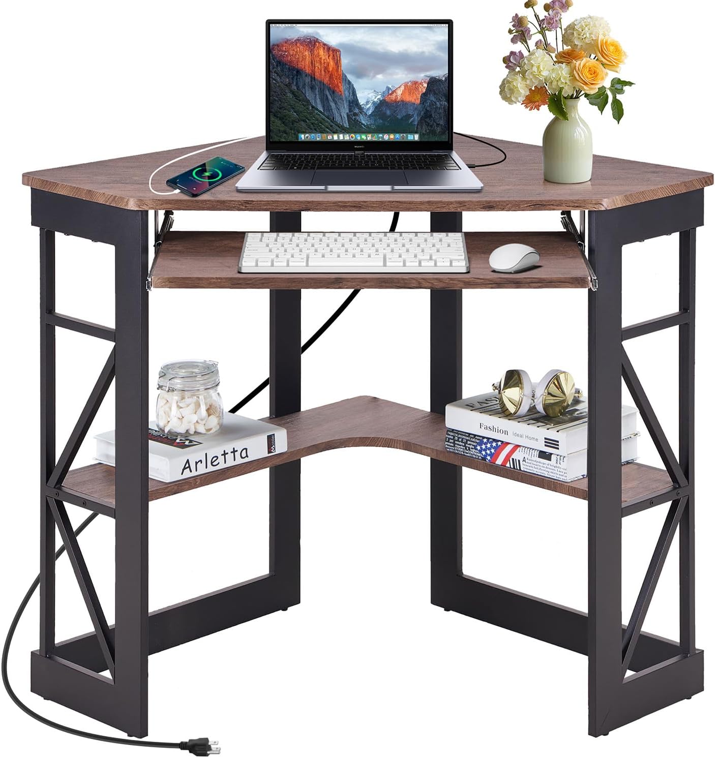 VECELO Corner Desk, Triangle Computer Desk for Small Space with Charging Station and Keyboard Tray, Corner Makeup Table with Storage Shelves for Home Office Bedroom, 41x30, Rustic Brown
