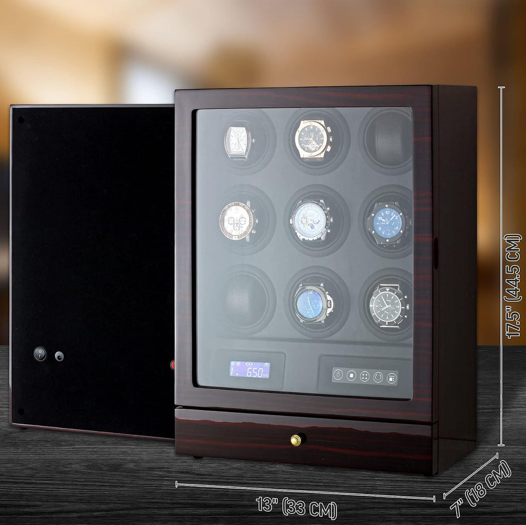 9 Watch Winder with LED Interior Light, LCD Display and 2 Watch Storage Space