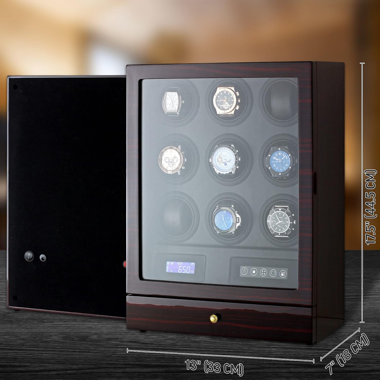9 Watch Winder with LED Interior Light, LCD Display and 2 Watch Storage Space