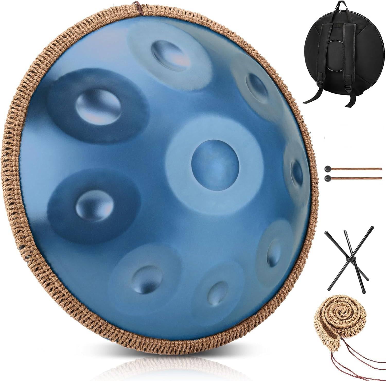 Handpan 22 Inches Drum Set, 440Hz 9 Notes Hand Drum Instrument, Premium Steel Hand Drum, Includes Carrying Case, Drumsticks, Spiral Wraps, Instruction Guide (22 Inches -9 Note -Blue)