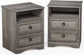 Set of 2 Nightstand with 2 Drawers, 18'W Night Stand with Drawers for Bedroom, Large Accent Bed Side Table and End Table with Open Compartment-Easy Pull Handle, Textured Border for Living Room,Gray