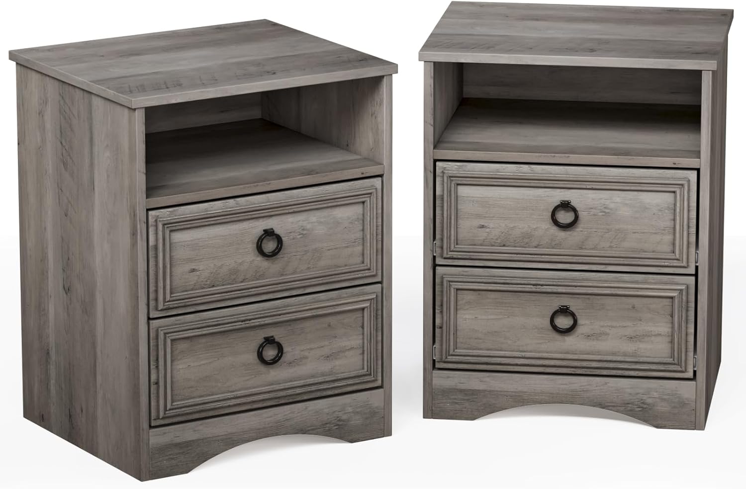 Set of 2 Nightstand with 2 Drawers, 18'W Night Stand with Drawers for Bedroom, Large Accent Bed Side Table and End Table with Open Compartment-Easy Pull Handle, Textured Border for Living Room,Gray