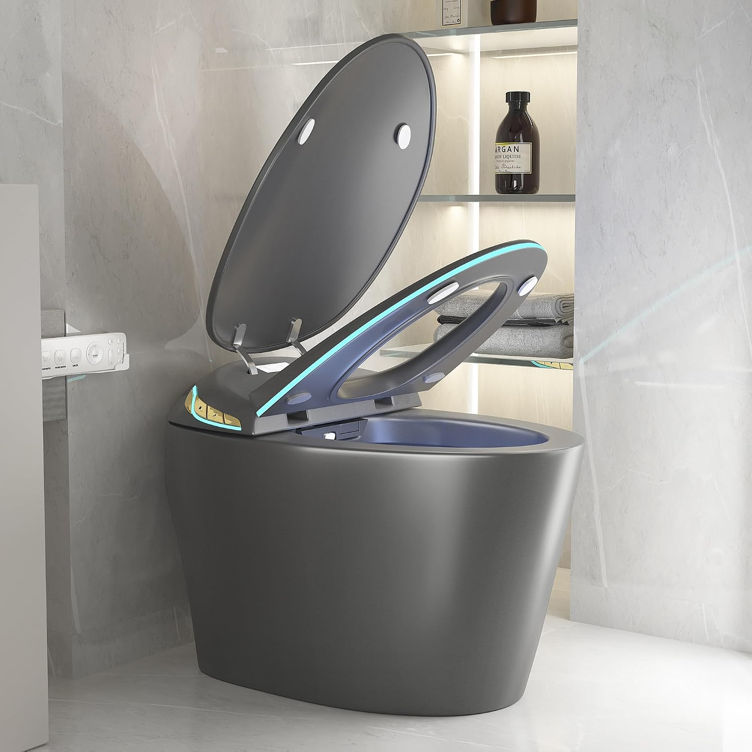 Smart Toilet One Piece with Bidet Built In, Auto Open/Close Seat, Foot Sensor, LED Display, Night Light, Warm Water and Dryer, Grey