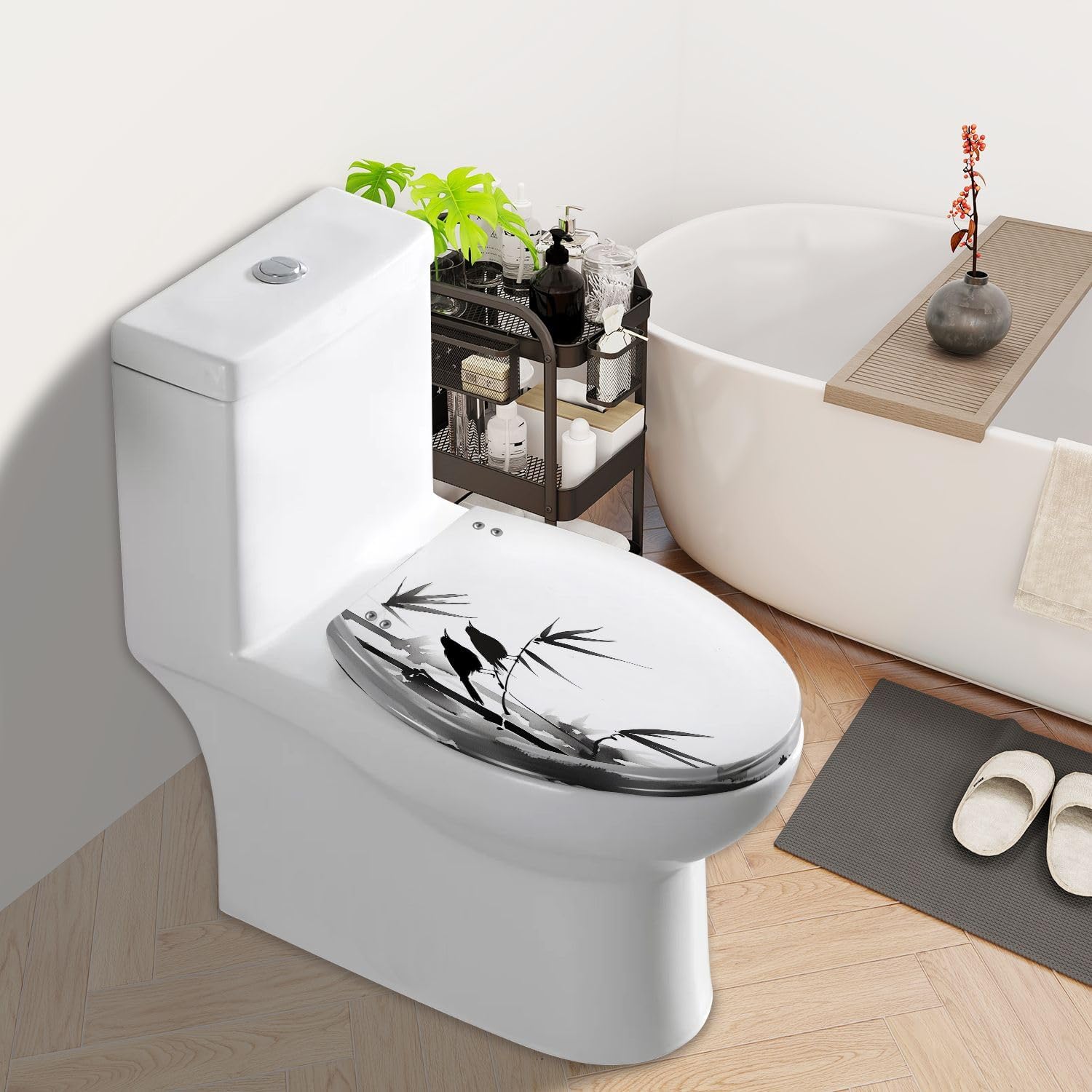 Elongated Toilet Seat Two blackbirds bamboo Traditional oriental ink e hua Hieroglyph Resin Toilet Seat Slow Quiet Close with Quick-Release Hinges Toilet Seat with Cover Easy to Clean Install