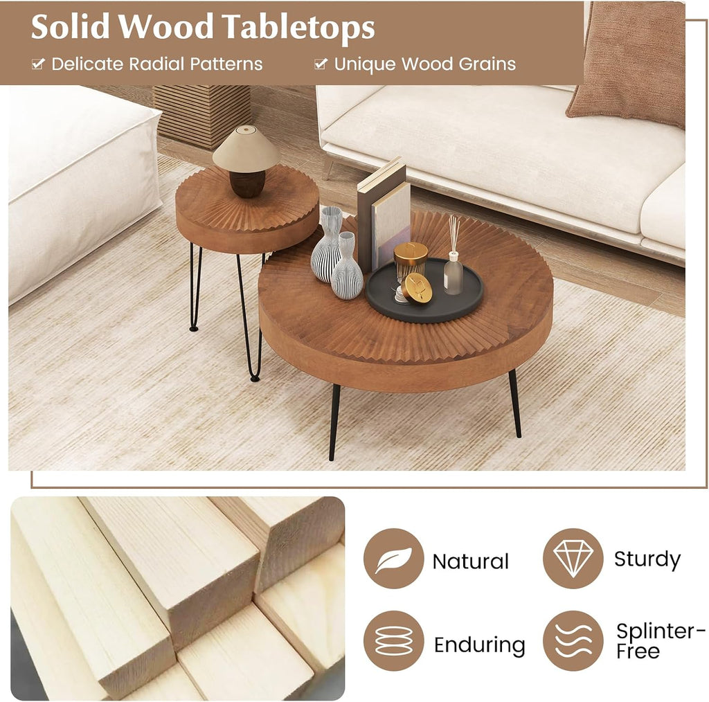 Giantex Boho Round Coffee Table Set of 2, Sofa Side Nesting Table with Solid Pine Wood Top, Metal Legs & Adjustable Foot Pads, 31.5' D Large Table Set for Living Room (Radial Pattern, Brown)