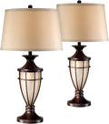 John Timberland Mission Cage Table Lamps 33' Tall Set of 2 with Nightlight Lantern Brushed Iron Brown Beige Fabric Shade for Living Room Bedroom House Bedside Nightstand Home Office Entryway