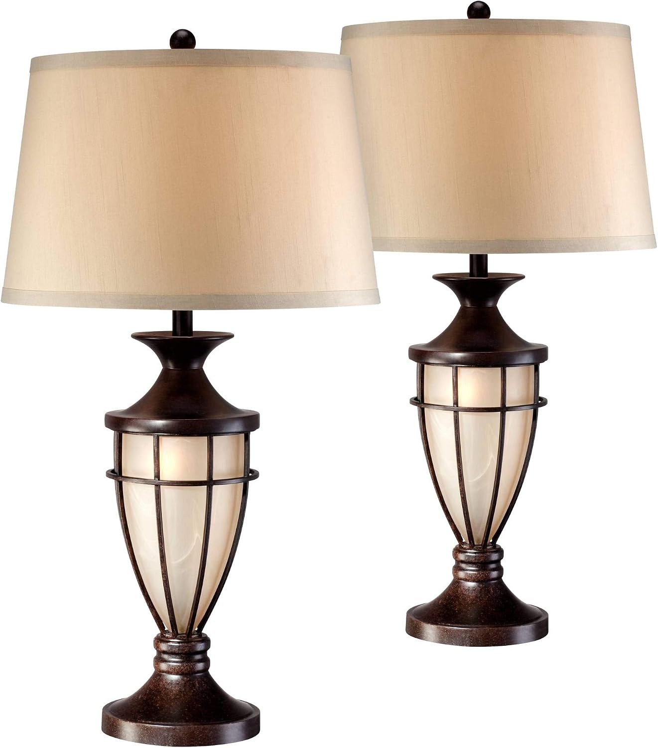 John Timberland Mission Cage Table Lamps 33' Tall Set of 2 with Nightlight Lantern Brushed Iron Brown Beige Fabric Shade for Living Room Bedroom House Bedside Nightstand Home Office Entryway