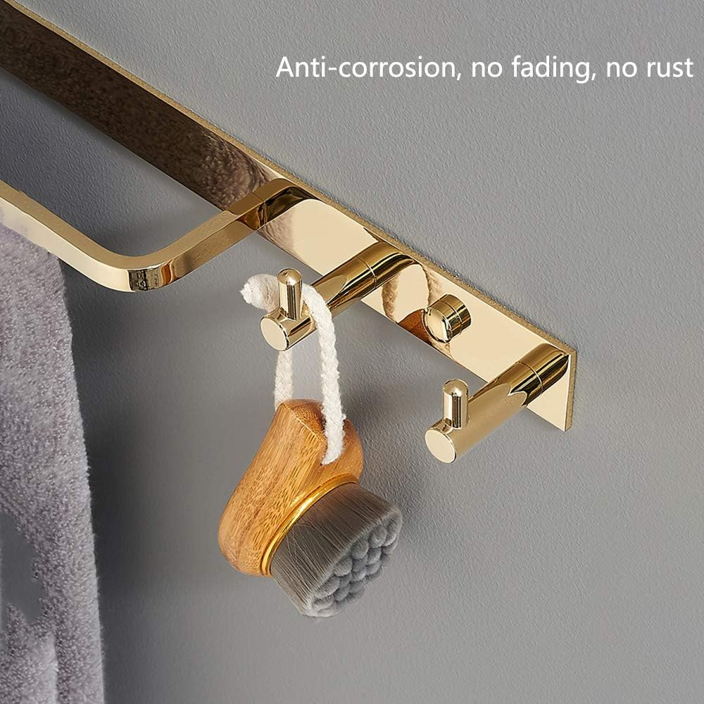 Towel Bar Towel Rail with 2 Hooks Heavy Duty Brass Towel Rack Wall Mounted Towel Holder Double Rod Storage Rack for Bathroom Kitchen Toilet,Black Gold,Black Gold