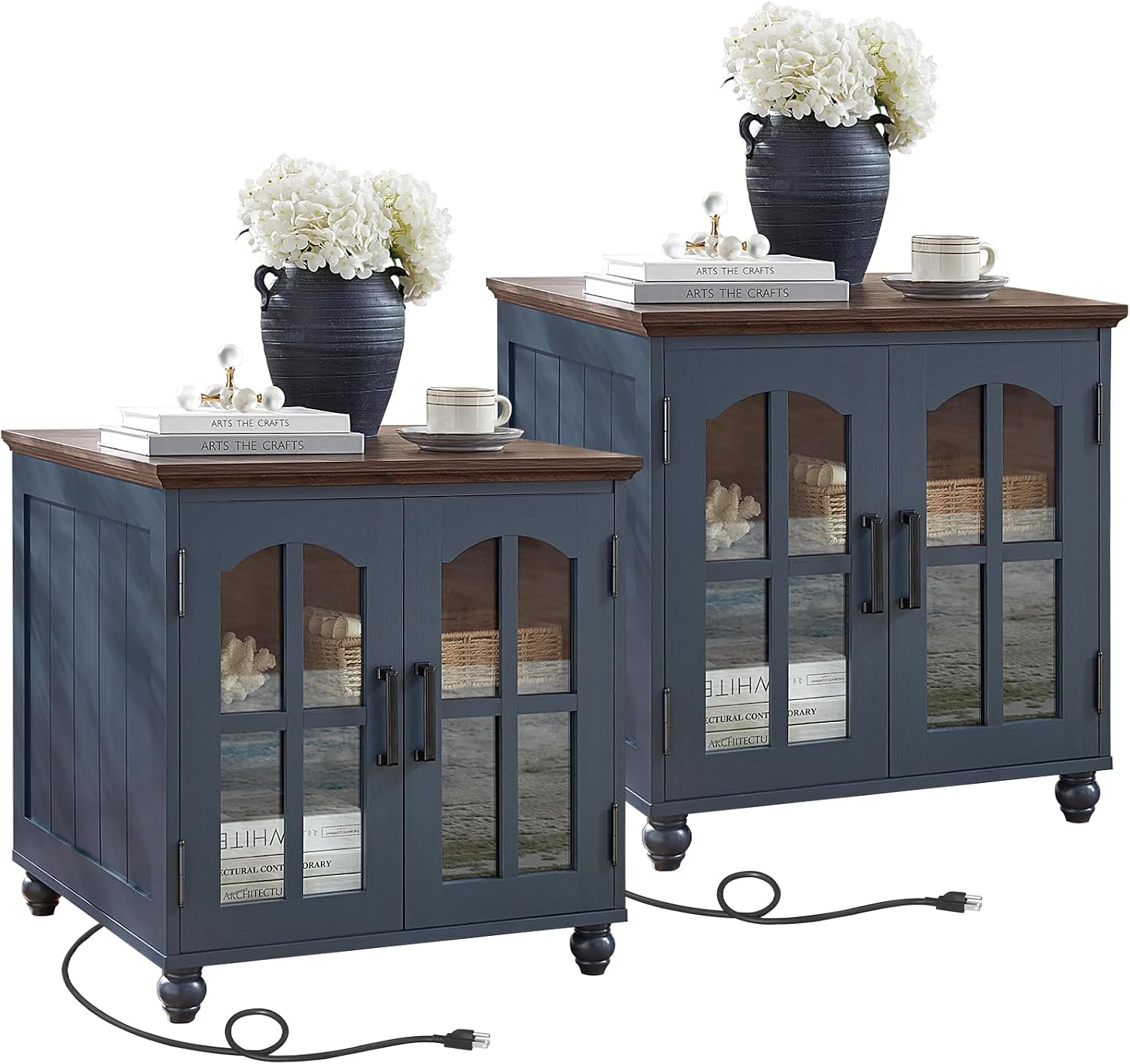 RWYHG Farmhouse 24' End Table Set of 2 with Charging Station, Large Sofa Side Table with Glass Barn Door,Wood Night Stand with Adjustable Storage Shelf,Square Bedside Table for Living Room,Bedroom