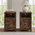 Farmhouse Nightstand Set of 2, Bedside Table with Charging Station, Night Stand with Barn Door, Brown End Table Sofa Side, Nightstand Storage for Bedroom Living Room, Brown