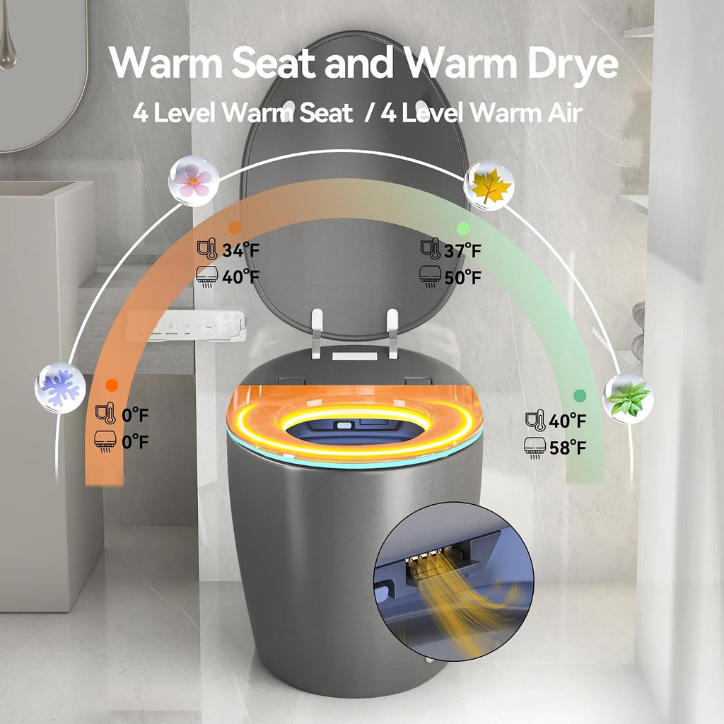 Smart Toilet One Piece with Bidet Built In, Auto Open/Close Seat, Foot Sensor, LED Display, Night Light, Warm Water and Dryer, Grey