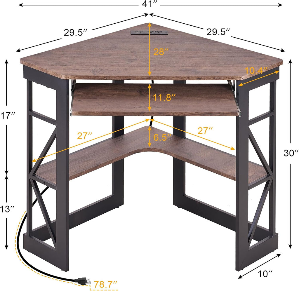 VECELO Corner Desk, Triangle Computer Desk for Small Space with Charging Station and Keyboard Tray, Corner Makeup Table with Storage Shelves for Home Office Bedroom, 41x30, Rustic Brown