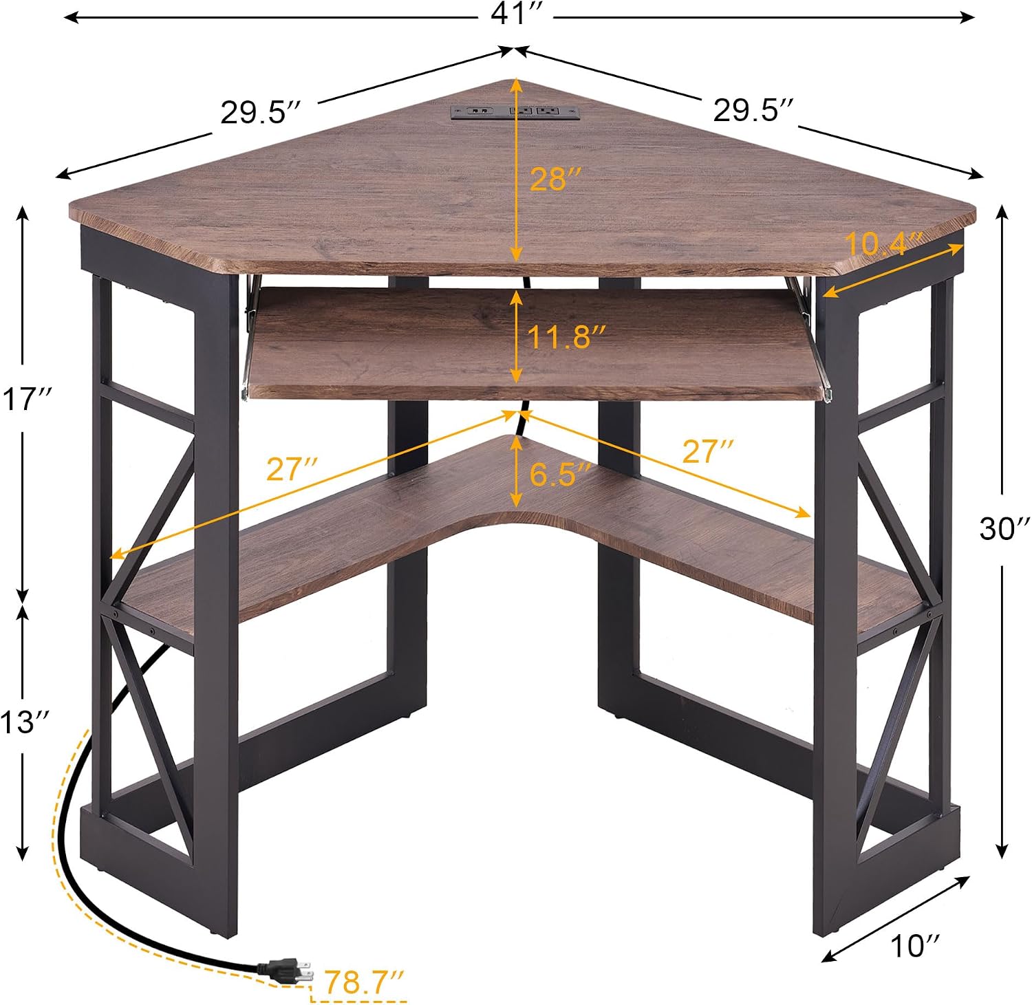 VECELO Corner Desk, Triangle Computer Desk for Small Space with Charging Station and Keyboard Tray, Corner Makeup Table with Storage Shelves for Home Office Bedroom, 41x30, Rustic Brown