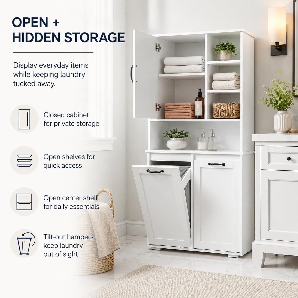 Bathroom Storage Cabinet with 2 Tilt-Out Bins, Freestanding | Particle board, MDF, melamine finish, 2 tilt-out bins, adjustable shelf, open shelves, bathroom, 31.5 W x 15.75 D x 63 H in
