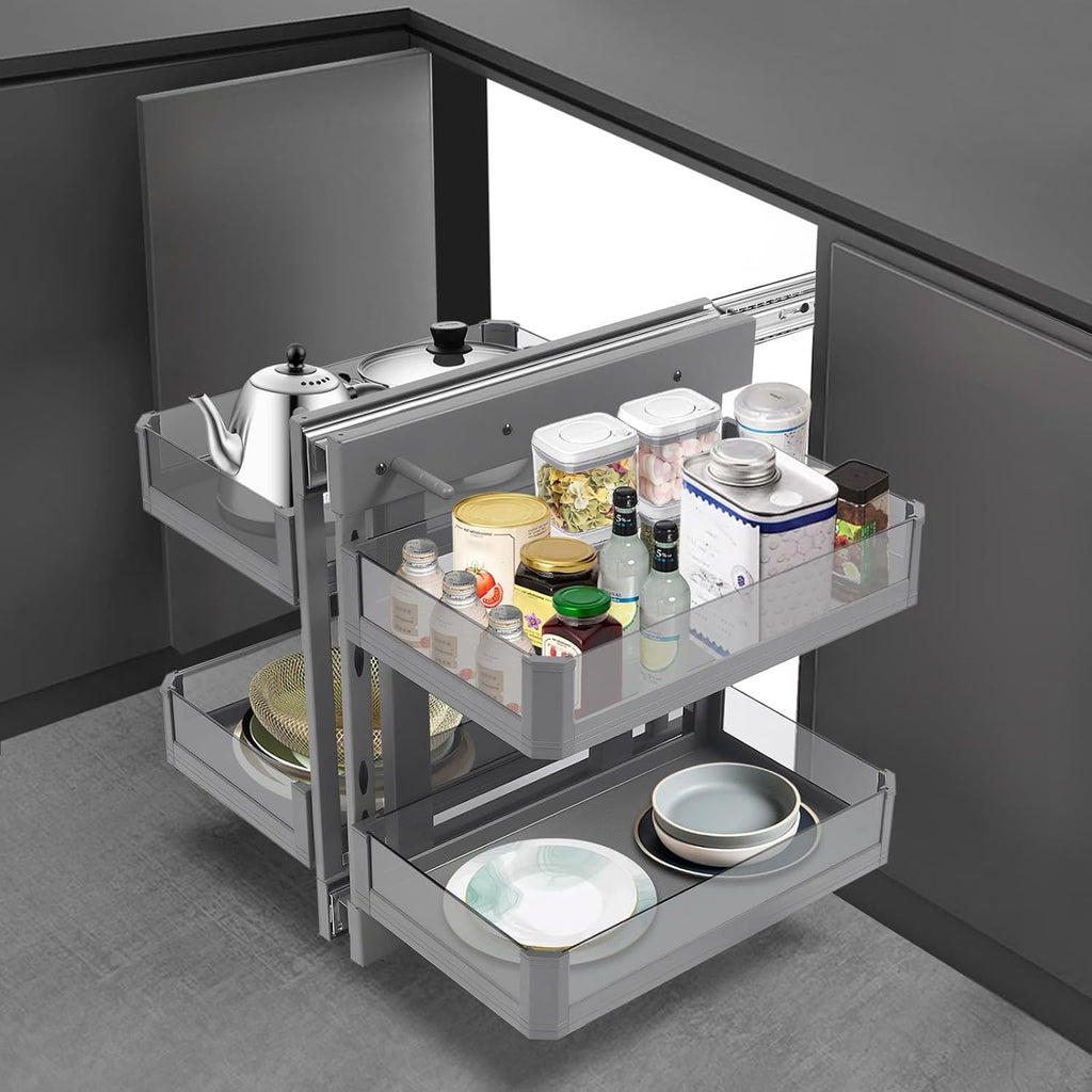 Blind Corner Cabinet Pull Out Right, 15 Inch Blind Corner Cabinet 2 Tiers Organizer Adjustable Design, Hidden Slide Out Shelves for Store Kitchen Utensils (Pull Out Left & Right, Style3)