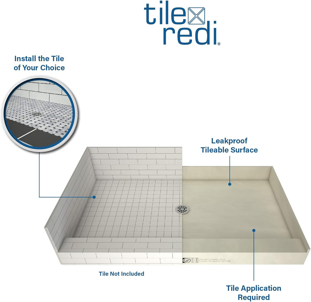 Tile Redi P3042C-PVC Shower Pan with Center Drain- Single Curb Shower Base, 2' PVC Drain, and Plate Included, 42' Width x 30' Depth