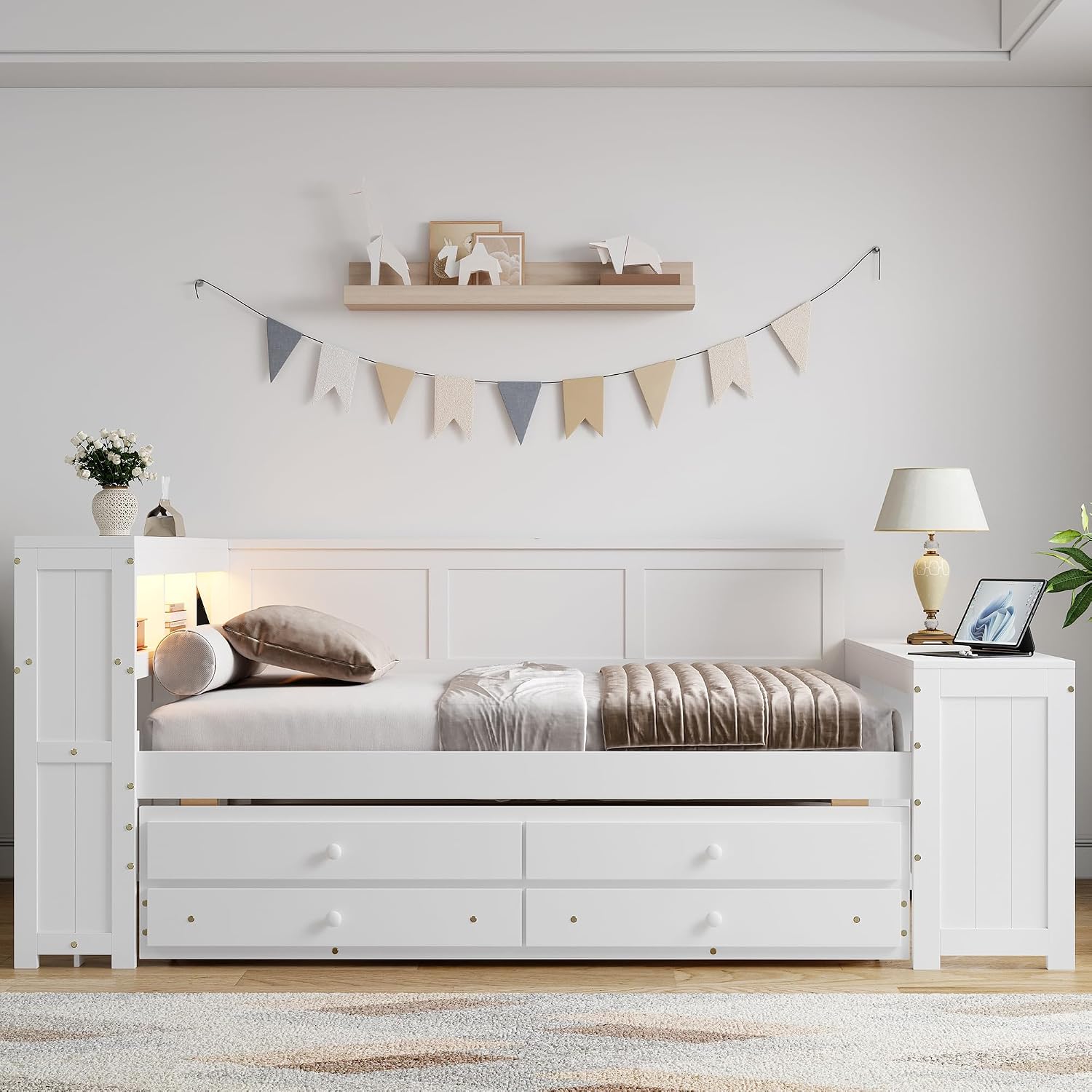 Merax Corner Full Bed Frame with Desk and Led Lights,Wood Platform Bed Frame with Trundle and 2 Drawers,Full Size Daybed with Storage and Charging Station for Living Room,Bedroom,Guest Room,White