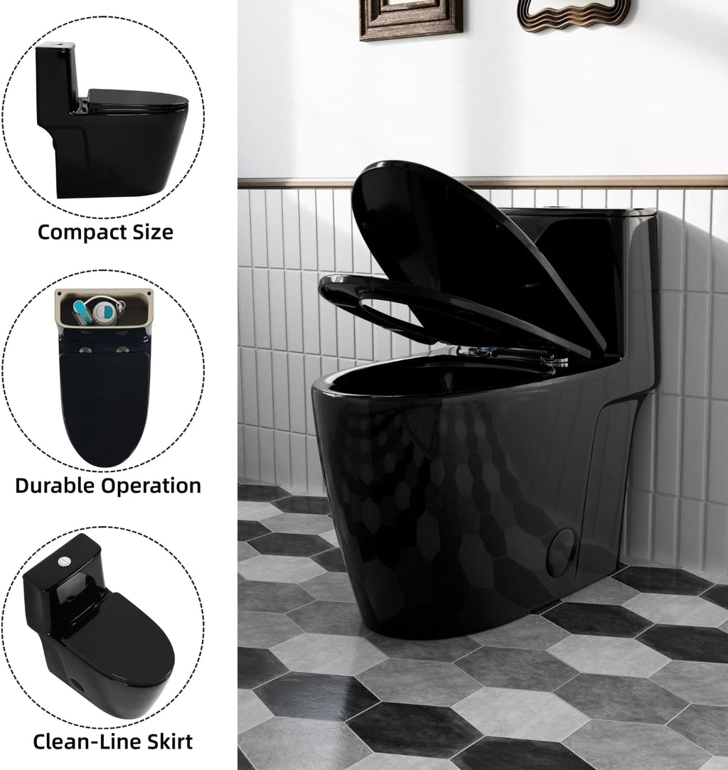 Black Toilet with Rimless Swirl Flush, Los Flexi 17.3' ADA Modern Elongated One Piece Toilets For Bathrooms, Dual Flush 1.0/1.28 GPF, Comfort Chair Height, Soft-Close Black Toilet Seat & 12' Rough-In