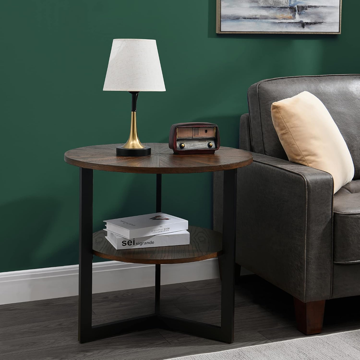 Large End Table with Storage Shelf Rustic Circular Sofa Side Table with Black Metal Legs Solid Wood Nightstand Telephone Table for Living Room Bedroom 25.2'D x 24'H Natural Brown CJZ1338NC