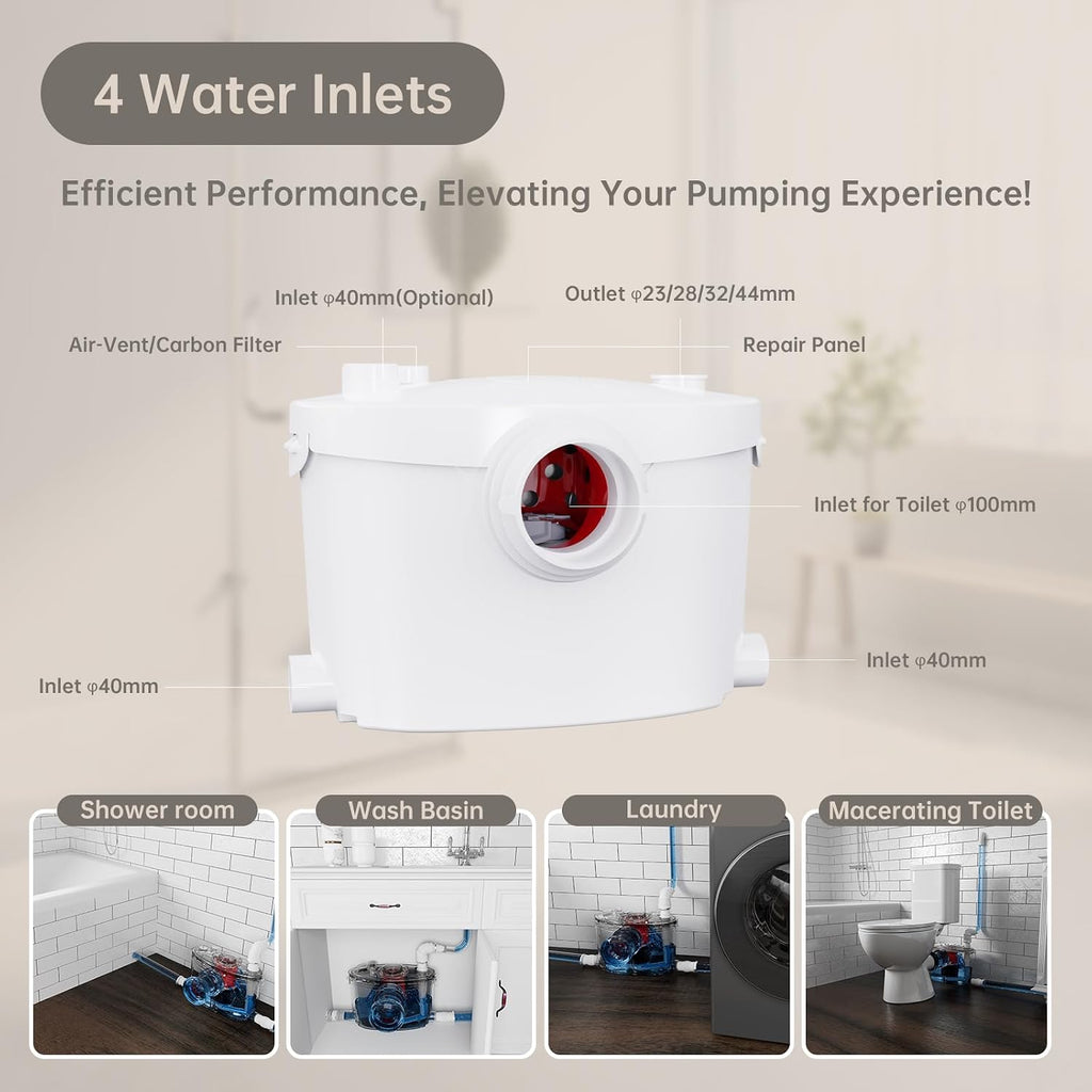 Simple Project 600w Upflush Toilets For Basement, Macerating Toilets Upflush System Kit - Included Silent & Powerful Basement Toilet Pump System With 4 Water Inltes For Upflow Toilet, Shower, Sink