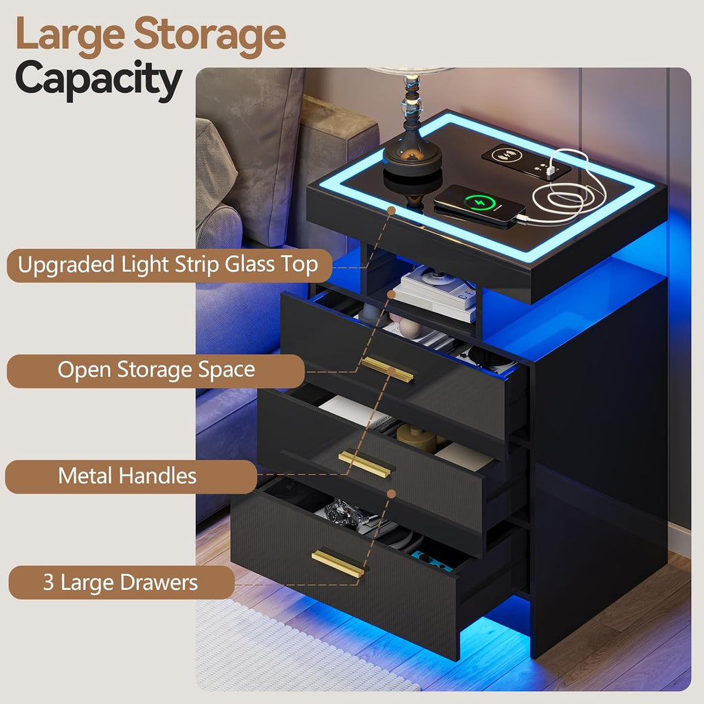 Black Night Stand Set 2 with Wireless Charging Station,Smart Bedside Table with 3 Drawers,Modern Glass Top End Side Table with 3 Color Dimmable,LED Nightstand for Bedroom