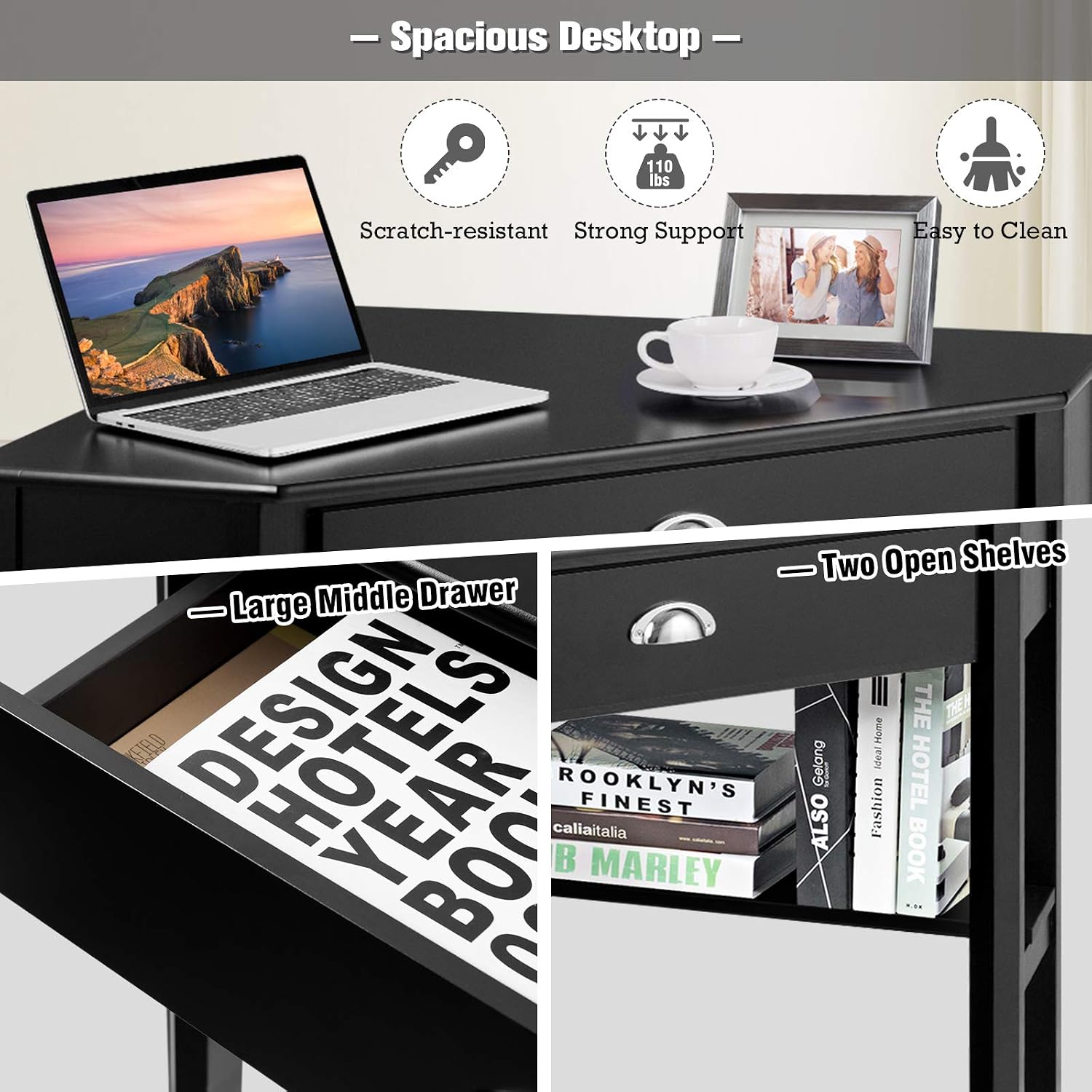 DORTALA Corner Desk, Writing & Study Corner Computer Desk, Laptop PC Table, Wood Home Office Desk, Small Corner Desk w/Storage Drawer, Shelves, Office Study Workstation, White Corner Desk (Black)