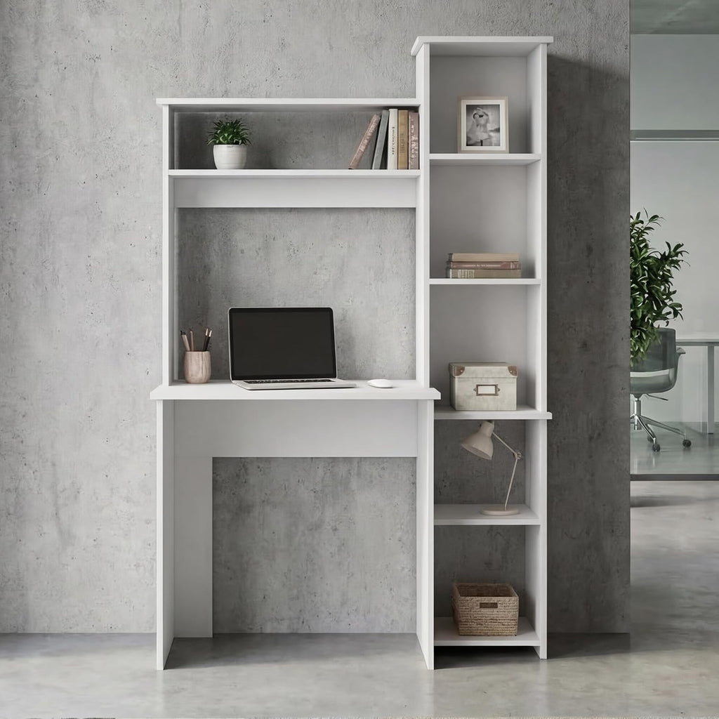 Tuhome Versalles Writing Desk with Two Superior Shelves, Five Side Open Storage Compartments, Space-Saving Modern Workstation Design for Studios and Offices, Ideal for Organization, Books