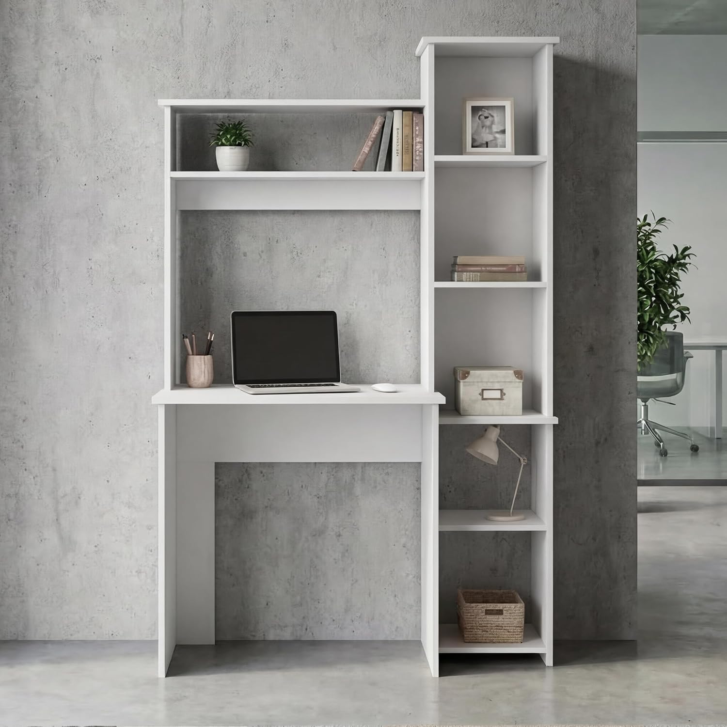 Tuhome Versalles Writing Desk with Two Superior Shelves, Five Side Open Storage Compartments, Space-Saving Modern Workstation Design for Studios and Offices, Ideal for Organization, Books