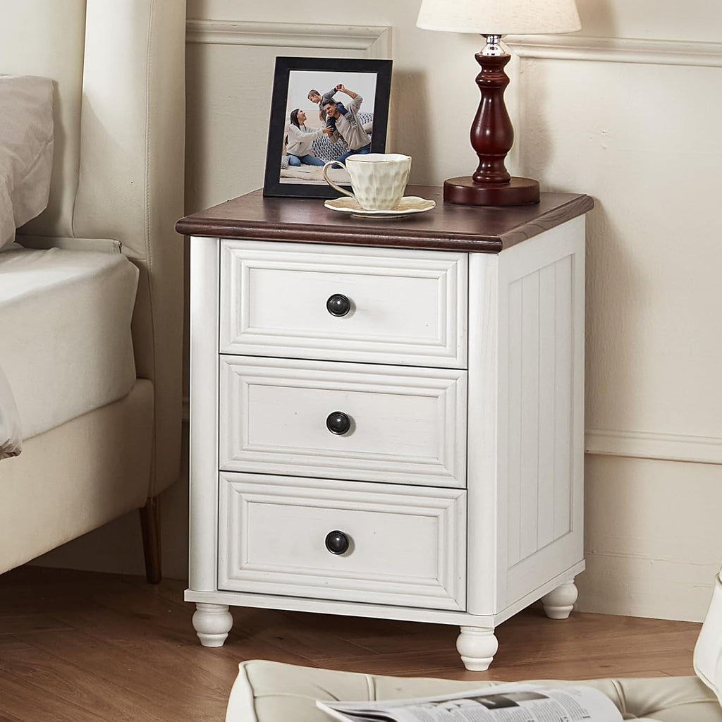 RWYHG 18' Farmhouse Night Stand Set of 2, White Wood Nightstand with 3 Drawers, Bedside End Table with Storage and Roman Column, Bed Side Tables Cabinet for Bedroom, Living Room, and Closet
