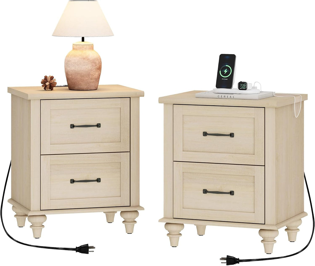 WAMPAT Night Stands for Bedrooms Set of 2 End Tables with Charging Station, 2 Drawer Nightstand Wooden Bedside Table, Farmhouse Side Table for Living Room & Study, Beige
