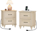 WAMPAT Night Stands for Bedrooms Set of 2 End Tables with Charging Station, 2 Drawer Nightstand Wooden Bedside Table, Farmhouse Side Table for Living Room & Study, Beige