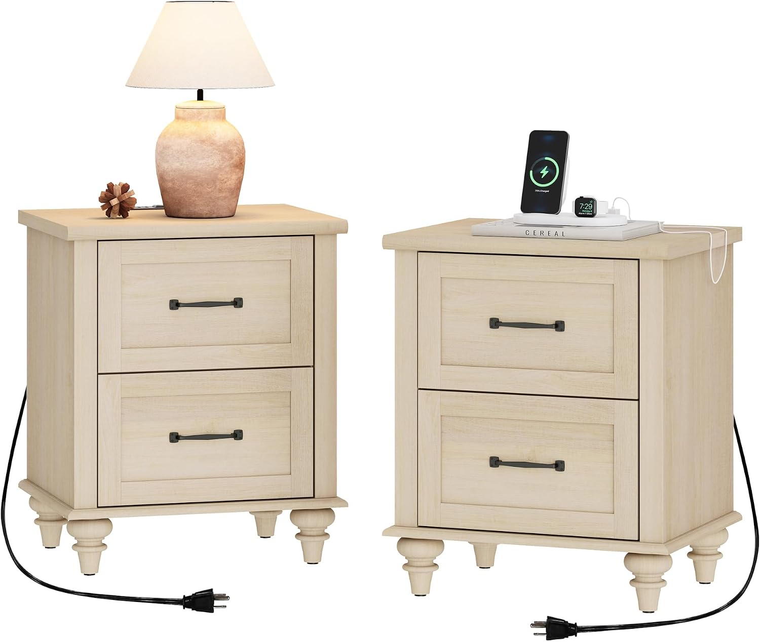 WAMPAT Night Stands for Bedrooms Set of 2 End Tables with Charging Station, 2 Drawer Nightstand Wooden Bedside Table, Farmhouse Side Table for Living Room & Study, Beige