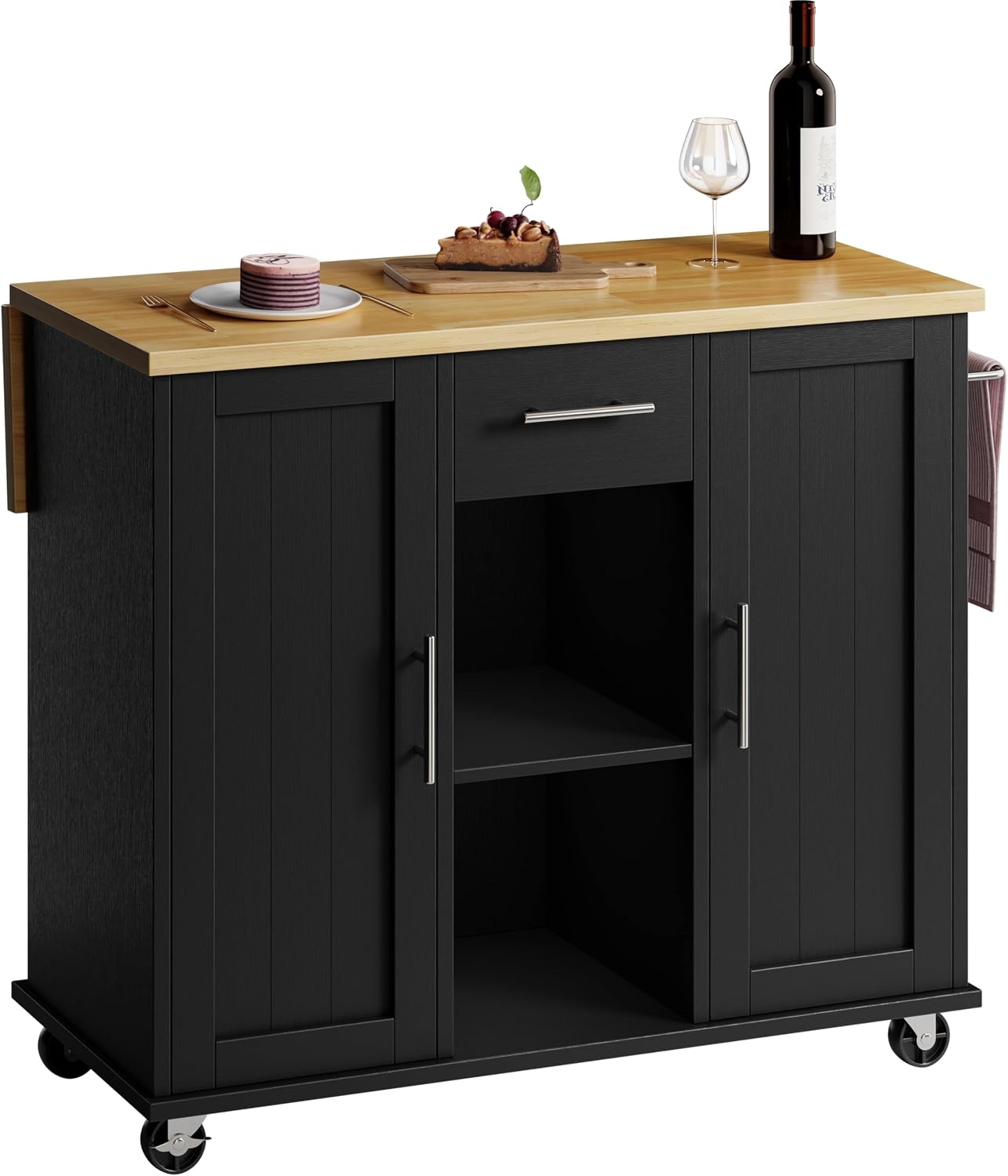 SUNLEI Rolling Kitchen Island Cart with Wheels, Island Table for Kitchen, Farmhouse Kitchen Cart with Drop Leaf & Towel Rack & Drawer, Kitchen Island with Storage Cabinet, Black