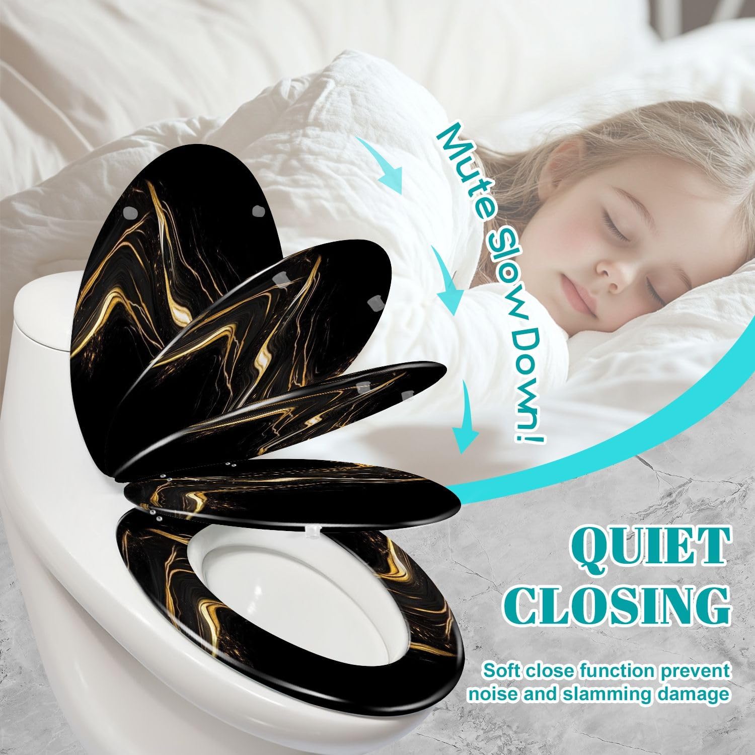 Elongated Toilet Seat Marble texture wall surface black gold ink pattern graphic granite Resin Toilet Seat Slow Quiet Close Lid with Quick-Release Hinges Cover Bumpers Easy to Clean Install