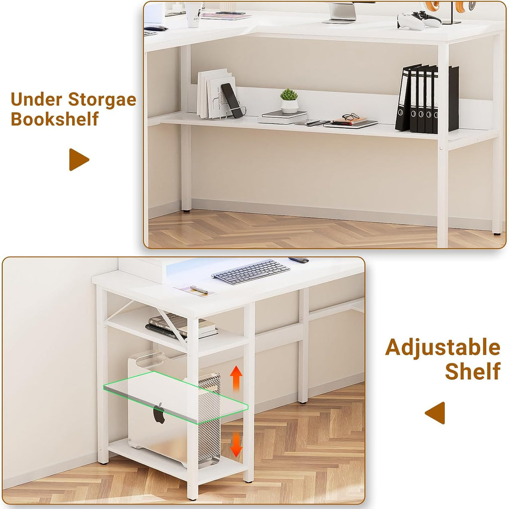 Unikito Reversible L Shaped Computer Desk with Power Outlets and Monitor Stand, Sturdy Corner Desk with RGB LED Light and Storage Shelves, Modern Work Desk for Home Office, Easy to Assemble, White