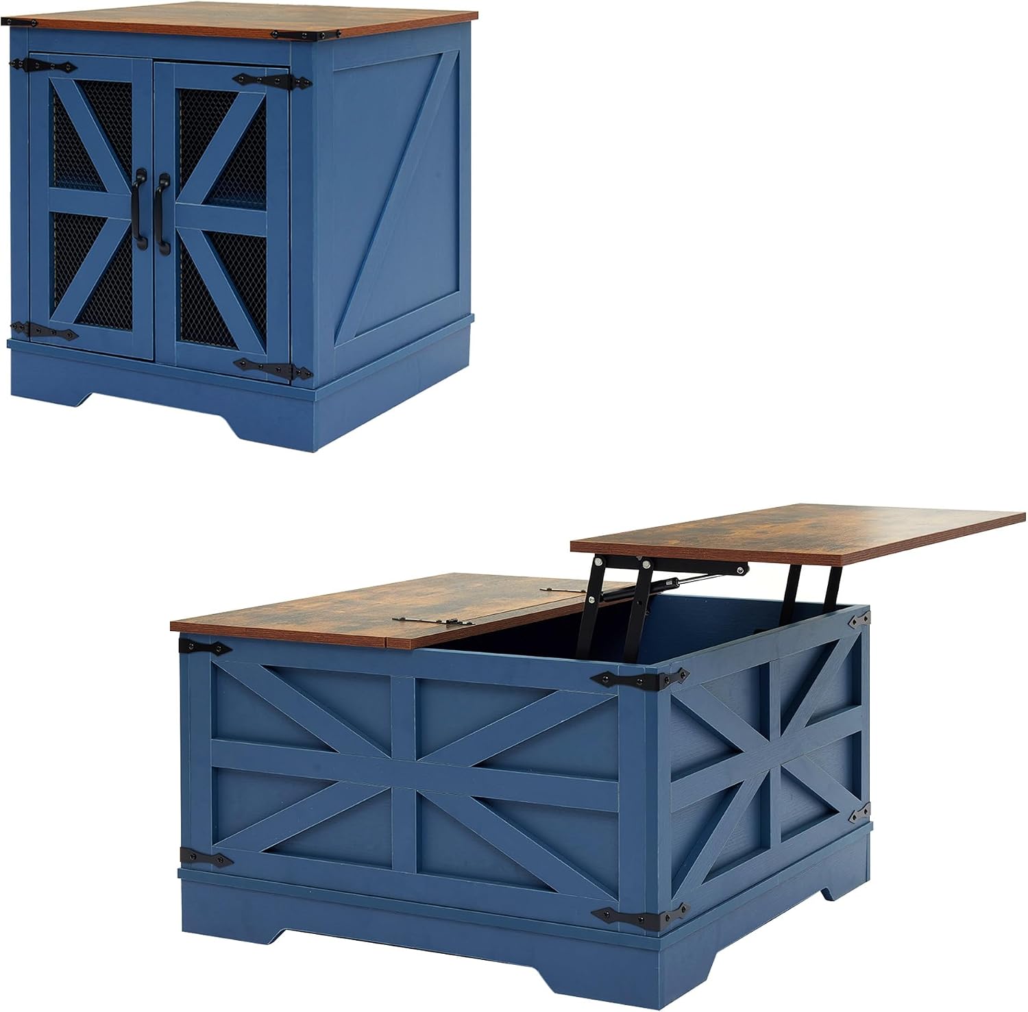 Farmhouse End Table Set with Charging Station, Living Room Tables with Hidden Storage, Wood Square Sofa Bedside Tables, Night Stand with Power Outlet and Door, Blue