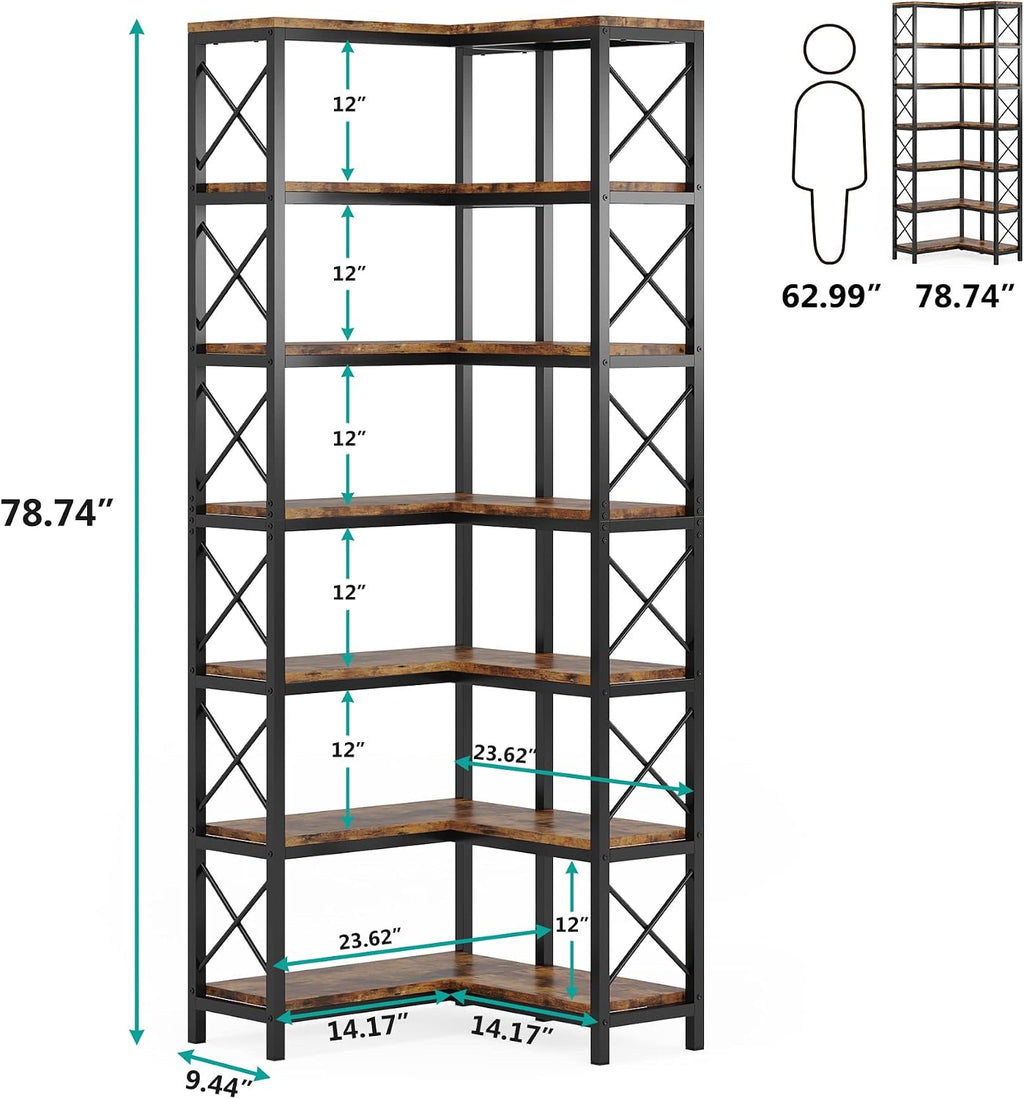 Tribesigns 7-Tier Corner Bookcase, Industrial Large Corner Bookshelf, 7-Shelf Tall Shelf Storage Display Rack with Metal Frame for Living Room Home Office, Rustic Brown