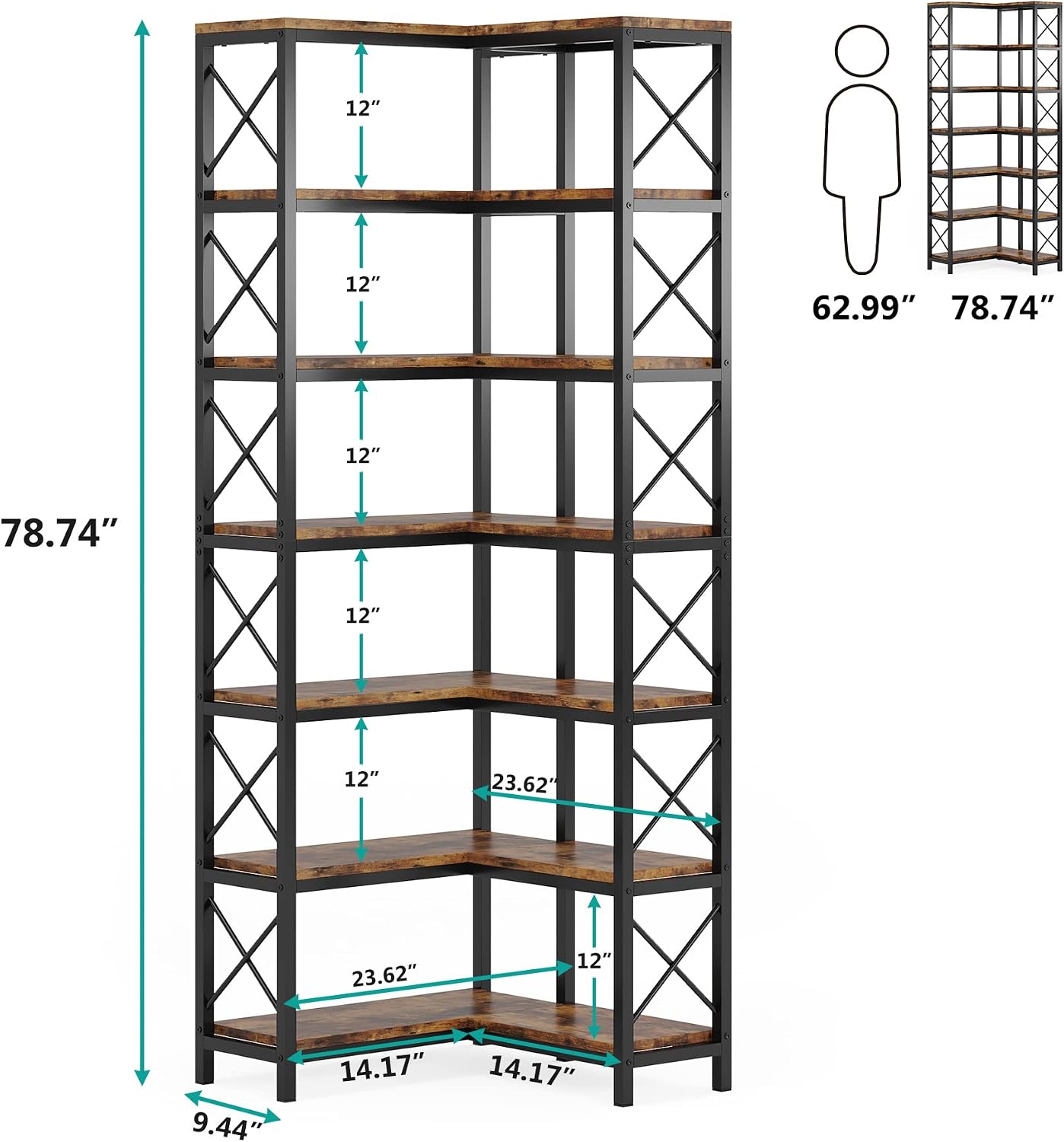 Tribesigns 7-Tier Corner Bookcase, Industrial Large Corner Bookshelf, 7-Shelf Tall Shelf Storage Display Rack with Metal Frame for Living Room Home Office, Rustic Brown